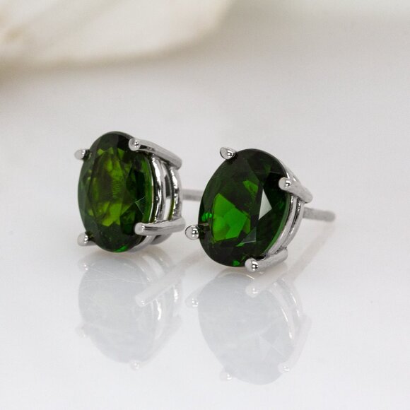 2.6cts Chrome Diopside Stud Earrings in 14K Solid Gold | Oval Shape 8x6mm - Picture 5 of 8